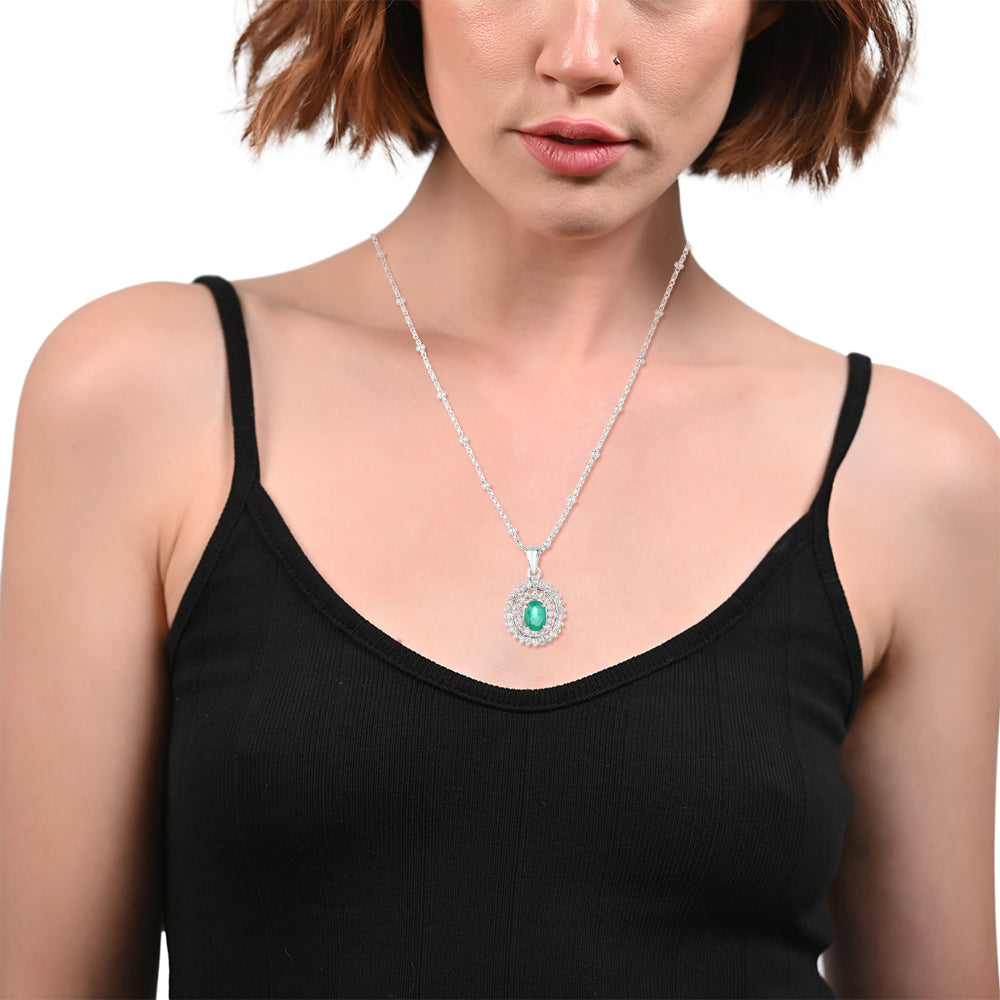 Sterling Silver Emerald & Diamond Pendant