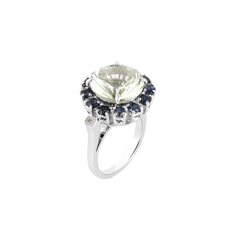 Green Amethyst, Diamond & Sapphire Ring in Sterling Silver