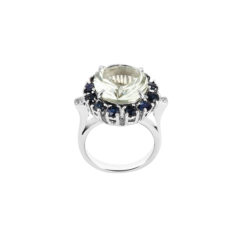 Green Amethyst, Diamond & Sapphire Ring in Sterling Silver