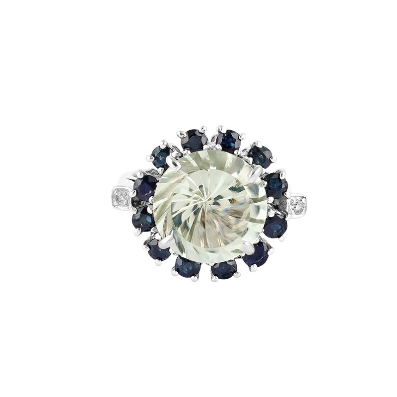 Green Amethyst, Diamond & Sapphire Ring in Sterling Silver