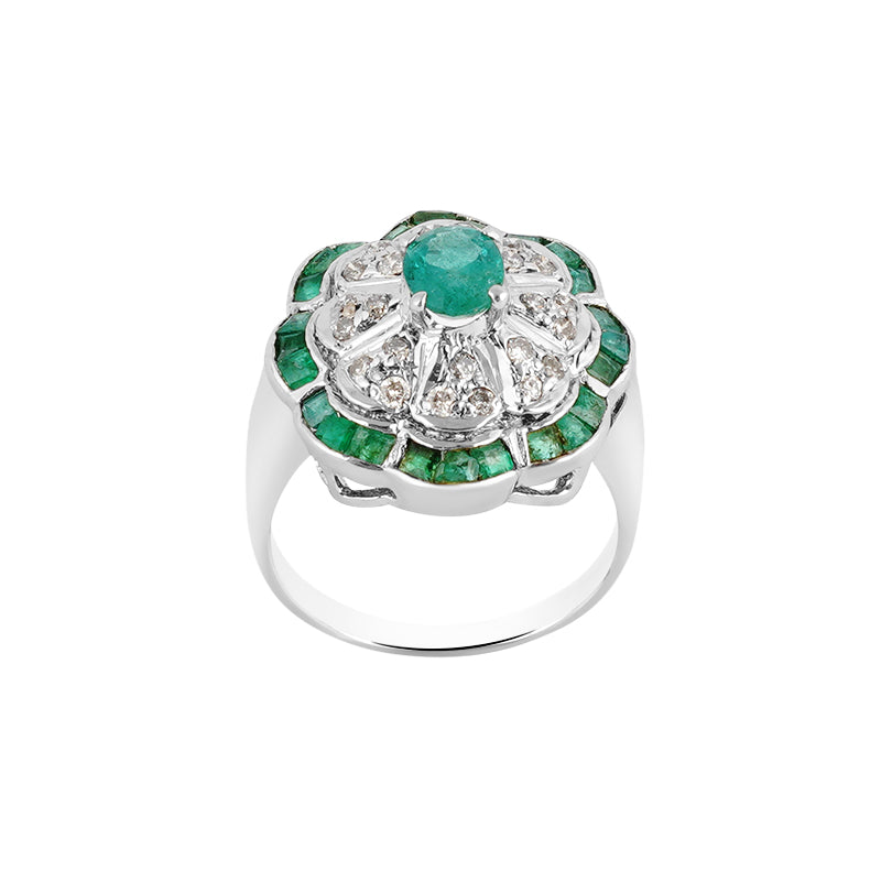 Emerald & Diamond Ring in Sterling Silver