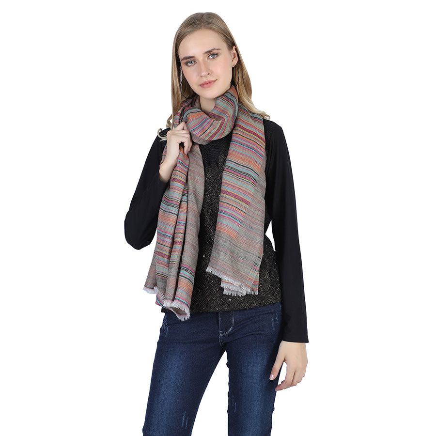 Purple Reversible Cashmere Stole with Multicolor Striped border